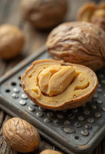 Ganze und gemahlene Muskatnuss in Schälchen auf Holzoberfläche