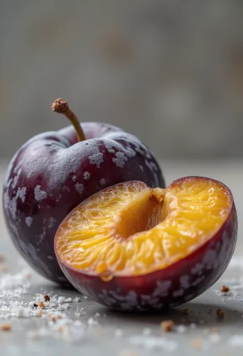 Frische violette Pflaumen halbiert und ganz, mit hausgemachter Marmelade auf rustikalem Tisch