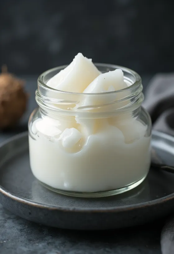 Natives Kokosöl in Glasschale, umgeben von frischen Kokosfleischstücken