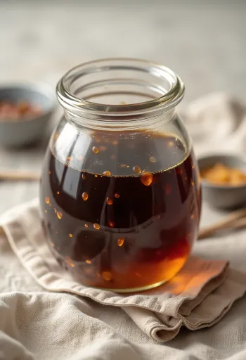 Tamari-Sauce in Keramikschale, umgeben von fermentierten Sojabohnen und Meersalz auf rustikaler Holzoberfläche
