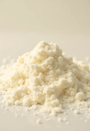 Milchpulver in rustikaler Schale mit Holzlöffel und verstreutem Pulver auf Holzoberfläche