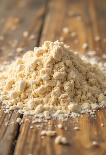 Vollkornmehl in rustikaler Schale, auf Holzoberfläche verstreut