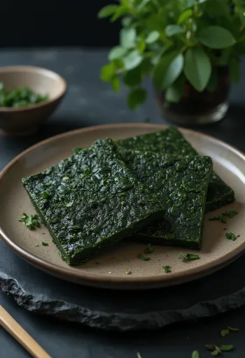 Getrocknete Nori-Algenblätter mit detaillierter Textur und leuchtend grüner Farbe