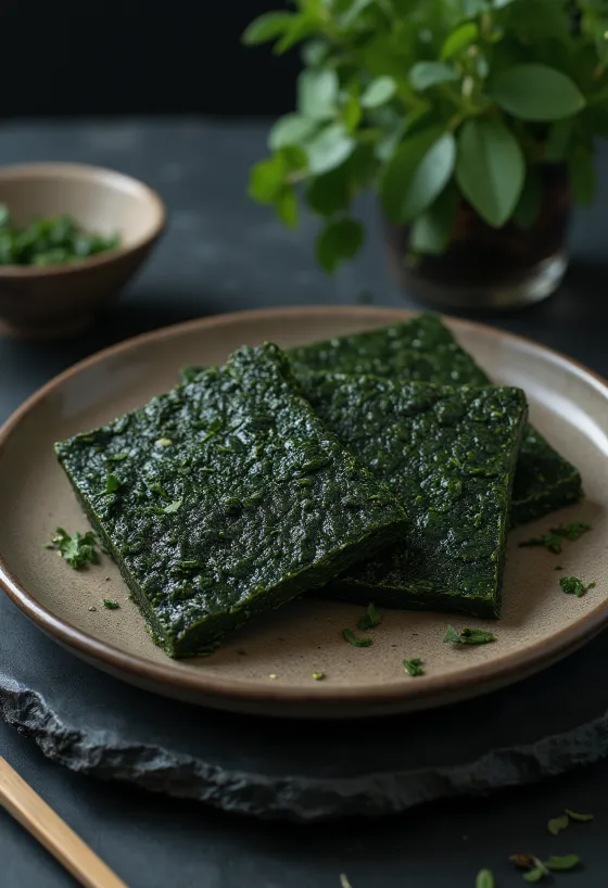 Getrocknete Nori-Algenblätter mit detaillierter Textur und leuchtend grüner Farbe