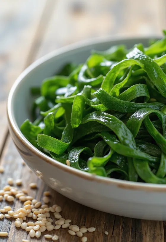 Getrocknete Wakame-Alge mit detaillierter Textur und leuchtend grüner Farbe