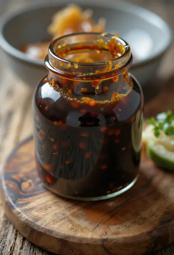 Glänzende, dunkelbraune Teriyaki-Sauce in Keramikschale, daneben Sojasauce, Mirin, Sake und brauner Zucker in kleinen Schälchen