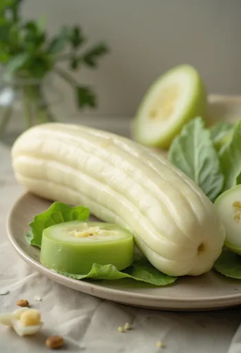 Frischer Gartenkürbis auf Schneidebrett, halbiert, mit hellem Inneren