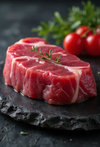 Frische Thunfischscheiben mit Gewürzen und Zitrone auf einem Holzschneidebrett