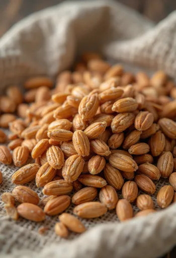 Dinkelkörner in rustikaler Keramikschale, auf Holzoberfläche verstreut