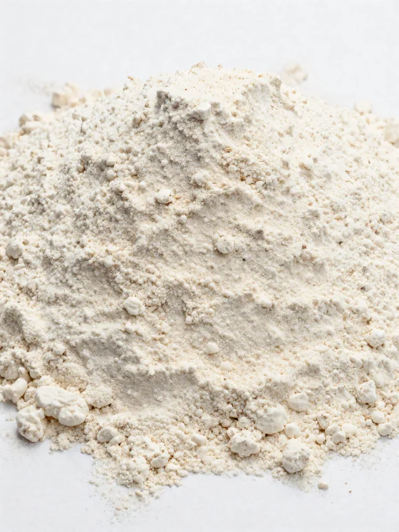 Dinkelmehl in Keramikschale, natürlicher, hellbrauner Farbton