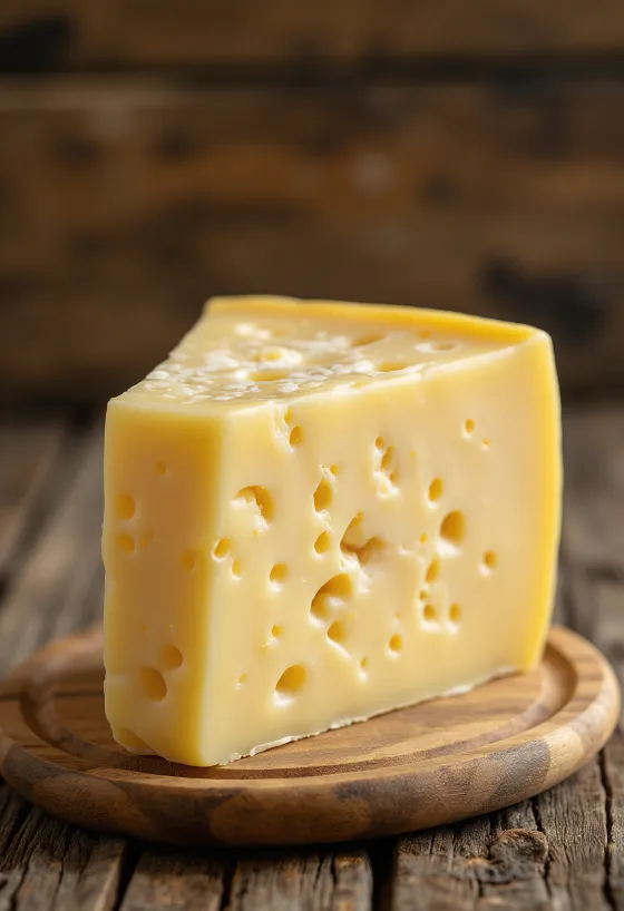 Frischer Trappistenkäse in weißer Keramikschale auf Holztisch