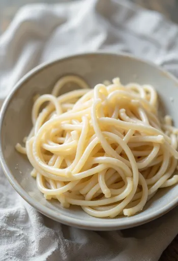 Trockene Udon-Nudeln in rustikaler Schale, auf Holzoberfläche, natürliches Licht