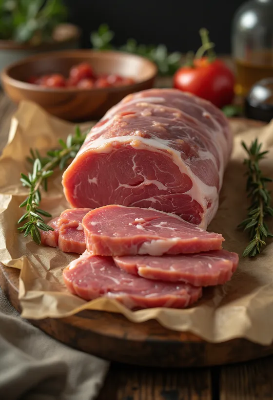 Rohe Wildschweinrückenscheiben auf Holzschneidebrett mit Gewürzen