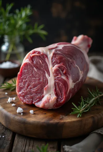 Rohe Wildschweinkeule mit Gewürzen auf Holzschneidebrett