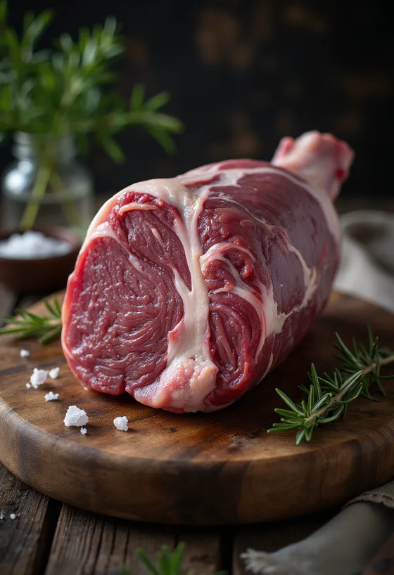 Rohe Wildschweinkeule mit Gewürzen auf Holzschneidebrett