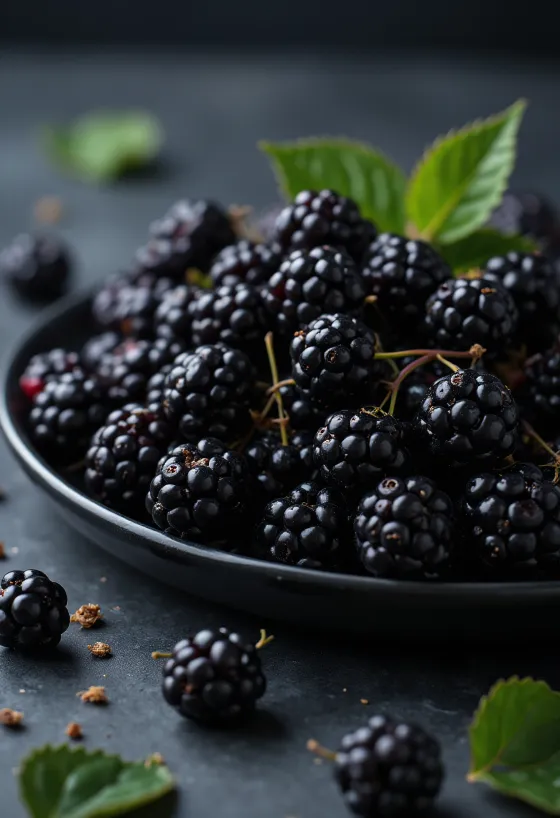Frische Wildbrombeeren in dunkler Farbe, aufgeschnitten und ganz auf neutraler Oberfläche