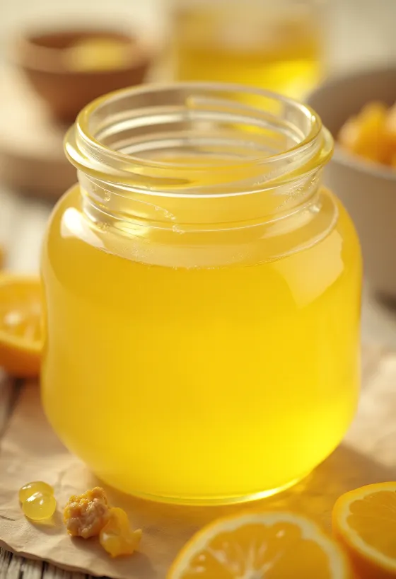 Butterschmalz im Glas und auf Löffel dosiert auf Holzbrett, natürliches Licht