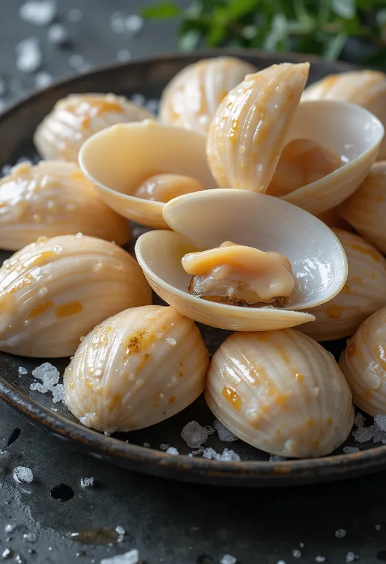 Rohes Venusmuschelfleisch auf Eis mit Zitrone und Petersilie