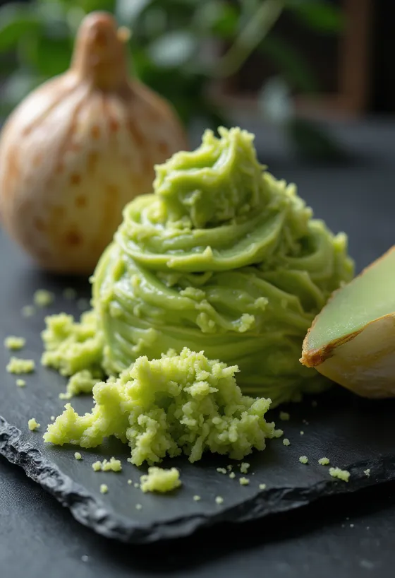 Frische Wasabiwurzel und grüne Wasabipaste auf Holzoberfläche, in Schale und auf Reibe