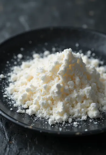 Xanthan-Pulver in kleiner Keramikschale und mit Holzlöffel, vor hellem Hintergrund