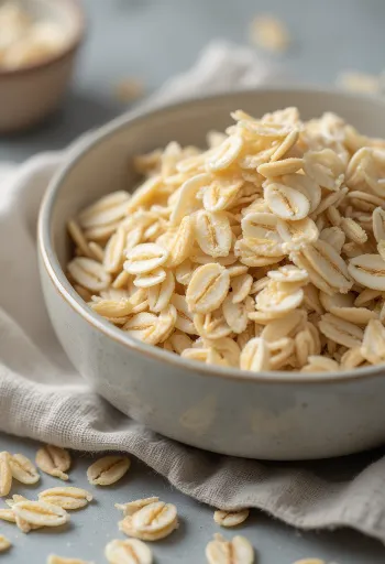 Rohe Haferflocken in Keramikschale, auf Holzoberfläche verstreut