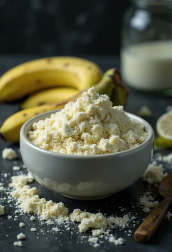 Grünes Bananenmehl in Schale und Löffel, umgeben von grünen Bananen