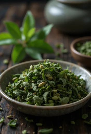 Lose grüne Teeblätter in Schale, mit Holzlöffel, auf Küchenoberfläche verstreut