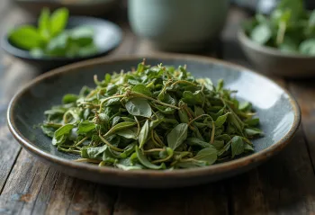 Lose grüne Teeblätter in Schale, mit Holzlöffel, auf Küchenoberfläche verstreut