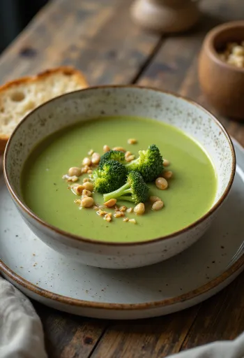Cremige Brokkoli-Suppe mit knusprigen Croutons.