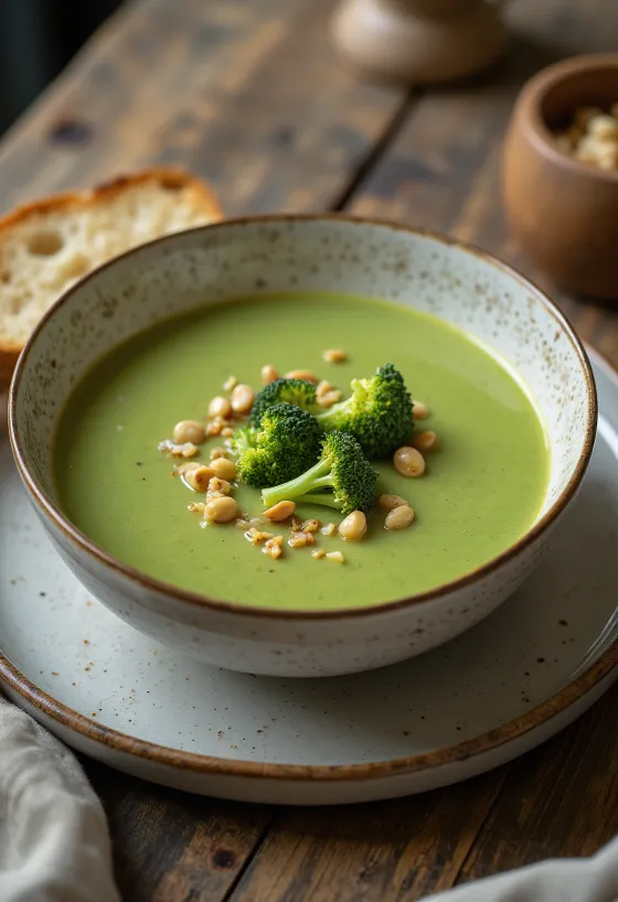 Cremige Brokkoli-Suppe mit knusprigen Croutons.