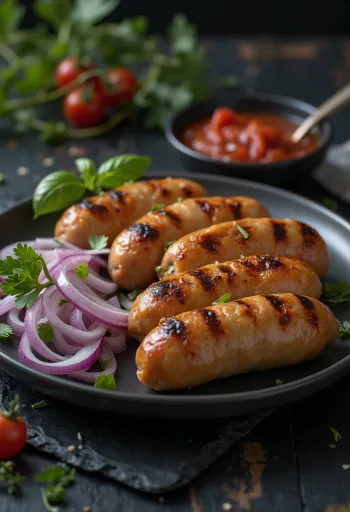Cevapcici serviert mit Ajvar und Brot