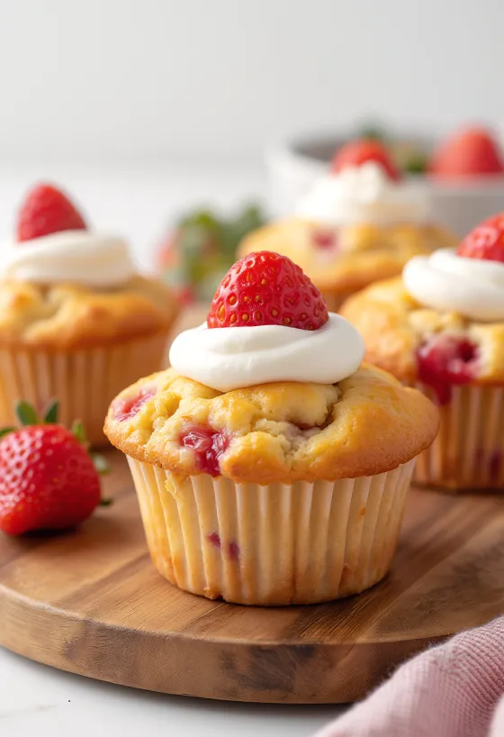 Servierte Erdbeer-Sahne-Muffins