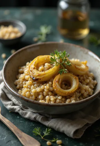 Farro-Salat mit geröstetem Lauch und Senf-Dressing serviert