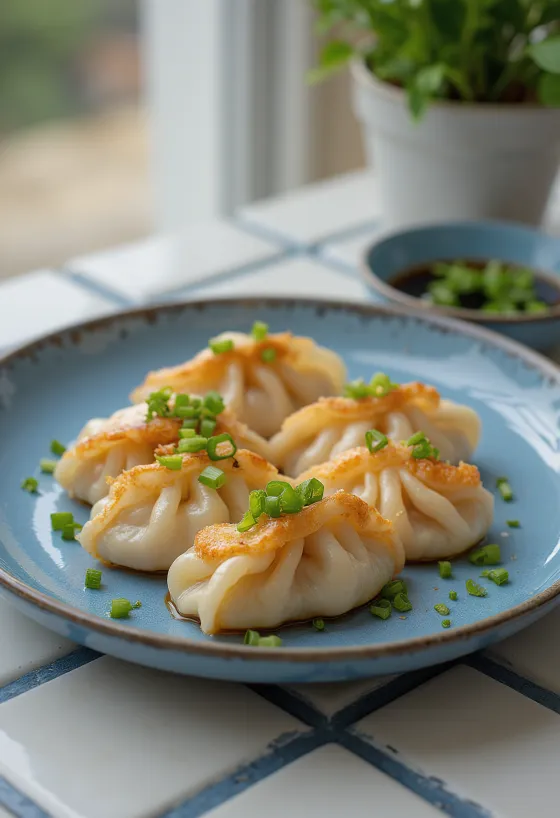Japanische Krebs-Gyoza in knusprigem Teig, mit Garnelenfüllung, serviert mit Soja-Dip