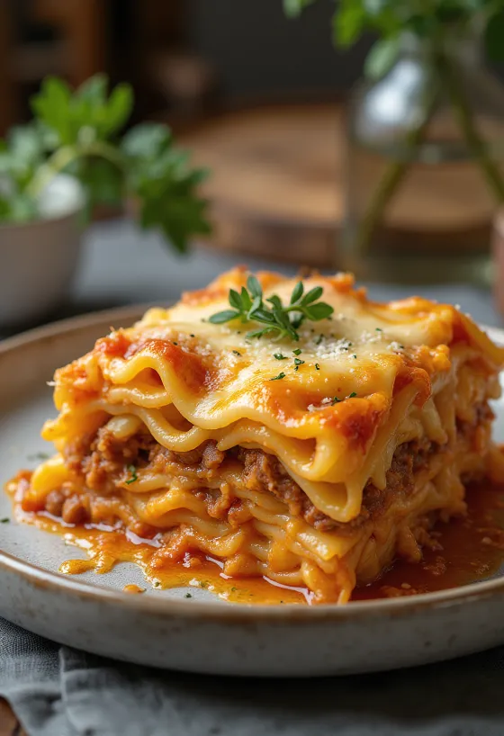 Klassische Lasagne serviert mit frischem Basilikum