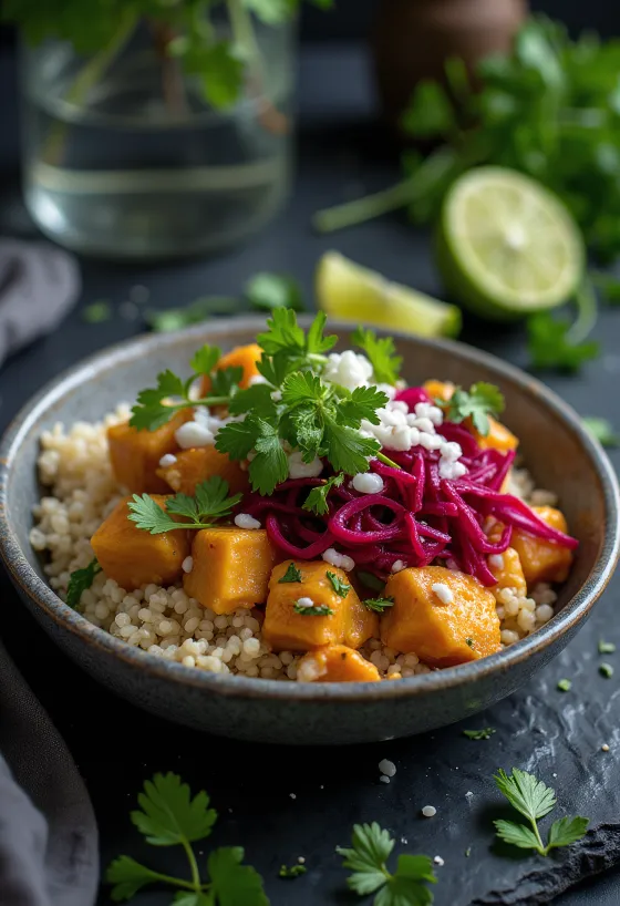 Servierte Buddha-Bowl mit Quinoa und Rote-Bete-Curry-Tofu