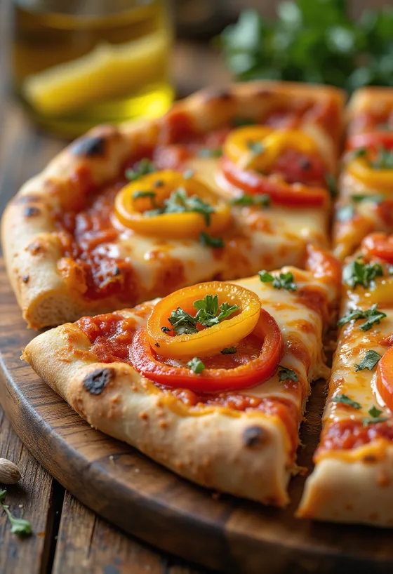 Pizza ai Peperoni mit bunten Paprikaschoten und Mozzarella