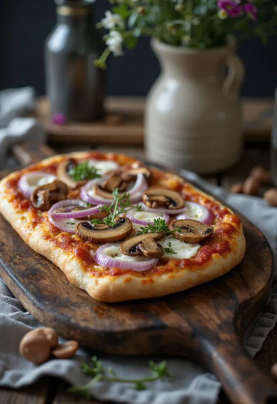 Pizza Finlandese mit Rentierfleisch, Sauerrahm und roten Zwiebeln