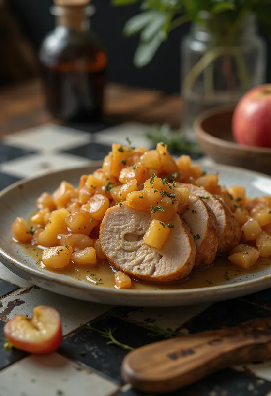 Schweinelende serviert mit Apfelkompott und frischem Thymian