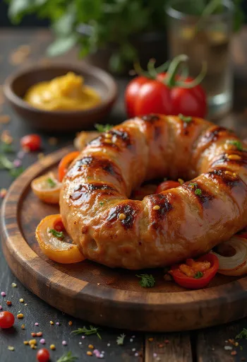 Goldbraun gebratene Wurst mit knuspriger Haut und frischen Kräutern serviert