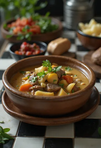 Yak-Buttertee-Eintopf serviert in einer rustikalen Schüssel mit frischen Kräutern.