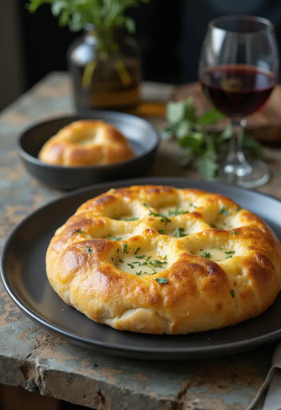 Servierte Focaccia mit Wein und Käse