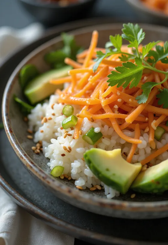 Chirashi-Bowl mit Gemüse, Reisbasis, Gurke, Karotte und Avocado
