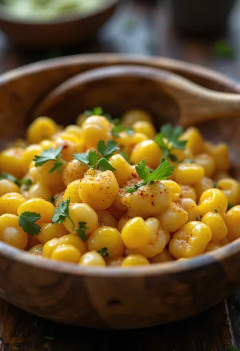 Esquites mit Mayonnaise, frischer Mais, serviert mit Koriander und Limette