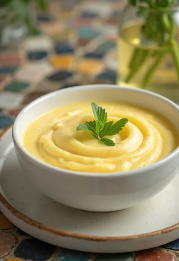 Avgolemono Zitronensauce serviert mit Fisch und Gemüse