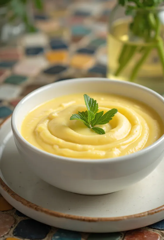 Avgolemono Zitronensauce serviert mit Fisch und Gemüse