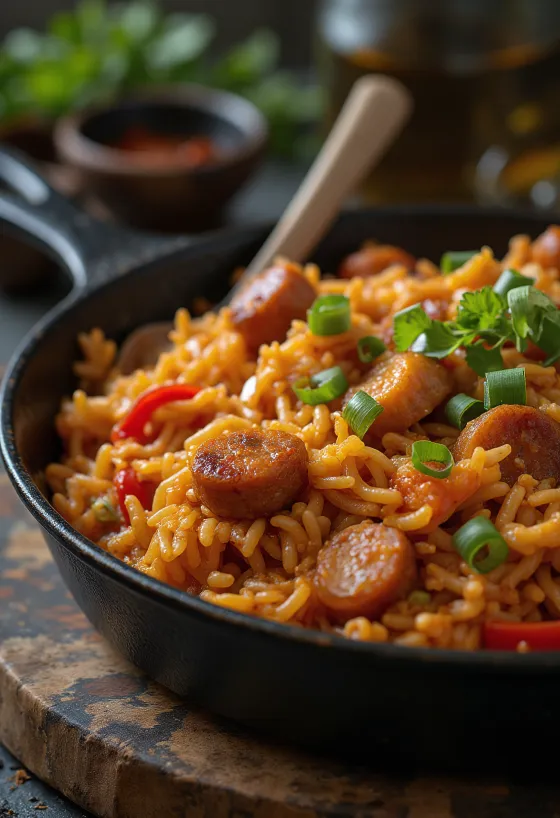 Jambalaya mit Hähnchen, reichhaltigen Aromen und bunten Zutaten