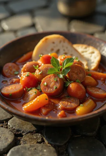 Letscho mit frischem Paprika, Tomaten und geräucherter Wurst serviert