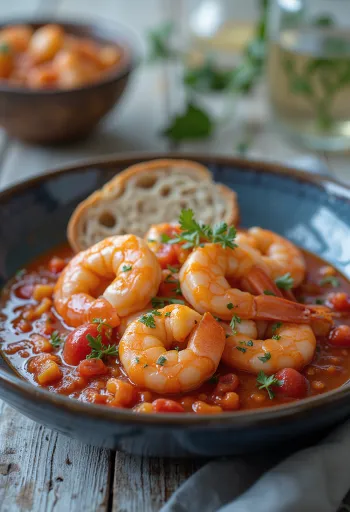 Garnelen in Tomatensauce mit frischen Kräutern und knusprigem Brot serviert