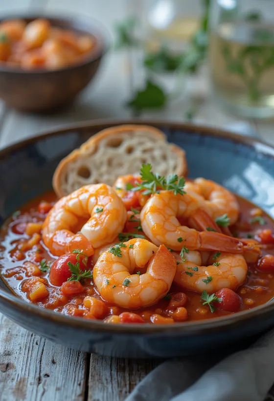 Garnelen in Tomatensauce mit frischen Kräutern und knusprigem Brot serviert